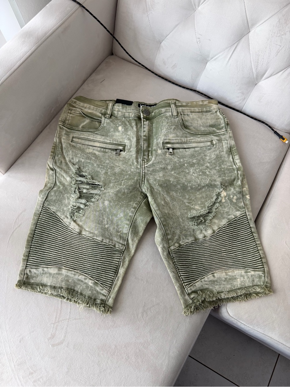 Men's Distressed Olive Green Moto Jean Shorts